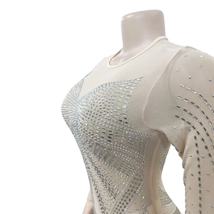 Detail of sheer mesh long sleeve dress with intricate silver geometric rhinestone patterns