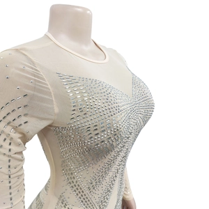 Detail of mesh bodysuit with shimmering silver rhinestones in geometric pattern