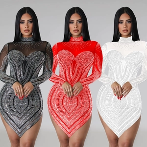Women Sexy Rhinestone Mesh Bodycon Mini Dress Long Sleeve High Neck Party Club Evening Dress Solid Color See Through Sequin Dress
