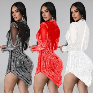 Detailed comparison of three bodycon mini dresses with mesh and sparkling rhinestones
