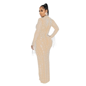 Detail of sheer mesh dress with rhinestones, long sleeves and fringe trim for women