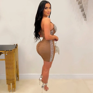 Detailed view of the rhinestone embellishments on the brown sleeveless party mini dress