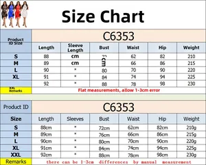 Size chart for women's mesh bodycon dress C6353 from S to XXL with detailed measurements