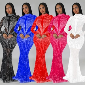 Elegante Vestito Lungo da Donna in Rete con Strass Slim Fit Sirena Manica Lunga Collo Alto Sera Banchetto Festa Sexy Bodycon Gown