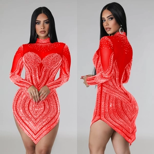 Elegant red long sleeve dress with silver rhinestones and asymmetric hem for women