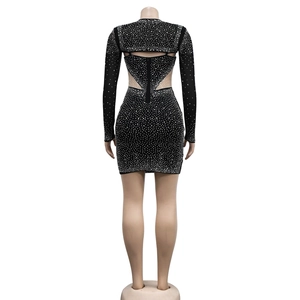 Close-up of black mesh dress featuring silver rhinestones and open back cutout detail