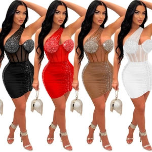 Detail of slim-fit mesh mini dress with rhinestones and one-shoulder cut in four colors
