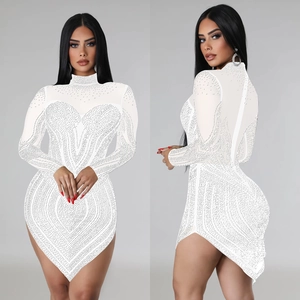 Elegant white mesh mini dress with rhinestones, long sleeves and irregular hem