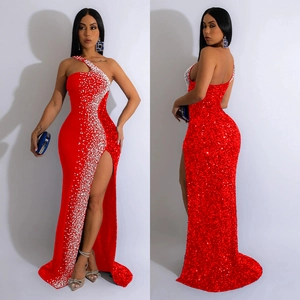 Elegant red sequin one shoulder evening dress with high slit and floor length hemline