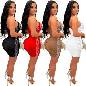 Slim fit rhinestone party mini dress available in black, red, brown and white colors