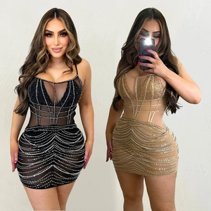 Sexy Mesh See-Through Rhinestone Spaghetti Strap Mini Dress Elegant Bodycon Party Evening Sling Dress For Women Glamorous Outfit