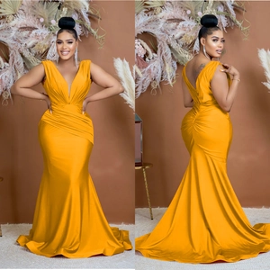 Detailed front and back view of mustard v-neck sleeveless satin evening mermaid dress