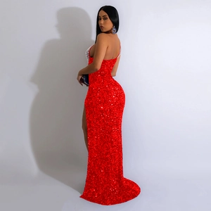 Detail shot of the red sequin evening dress showing the luxury texture and slim fit design