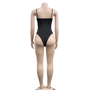 Back view of black high-cut bodysuit with thin straps on mannequin for mesh dress