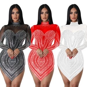 Three colors of bodycon mesh dresses with sparkling rhinestones and heart patterns