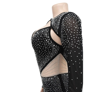 Detail view of black mesh dress with silver rhinestones and sexy side cut-outs