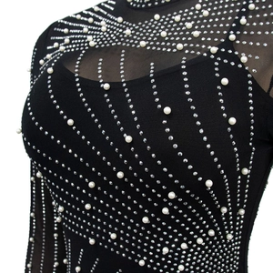Detail of sheer mesh dress with white pearls and silver rhinestones in luxury pattern