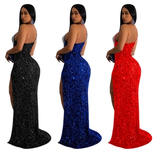 Elegant backless sequin evening dress with high slit in black, blue and red colors
