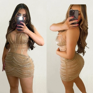 Sparkling champagne rhinestone mini dress with mesh detail and corset top design