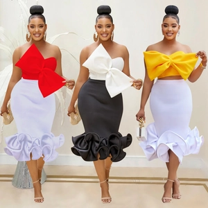 Women Top And Bottom Elegant Polyester Spandex Set Bow Bandeau Top And Ruffle Mermaid Skirt For Party Wedding Banquet Lady