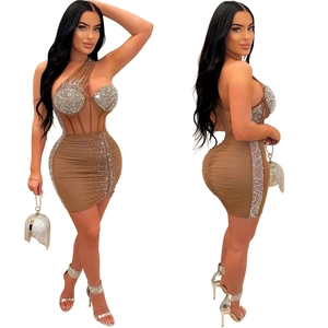 Detail of coffee mesh mini dress with silver rhinestones and sheer side panel inserts