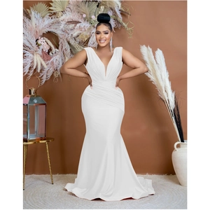 Detail of elegant white deep V-neck sleeveless mermaid dress with waist pleats