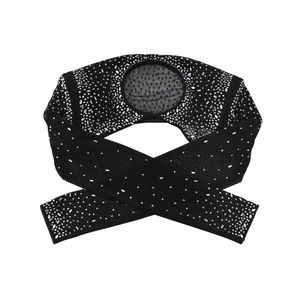 Detail of sheer black mesh shrug featuring shimmering silver rhinestones and sequins