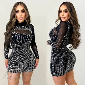Abito da Donna Sexy in Rete Bodycon Mini a Maniche Lunghe con Strass Künstliche Perle e Nappe Elegante per Party e Club