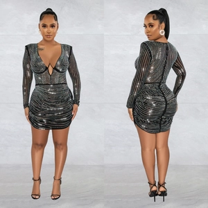 Elegant black long sleeve mini dress with silver rhinestones and deep V-neckline for women