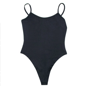 Detail view of the black spaghetti strap bodysuit with a high-cut thong silhouette