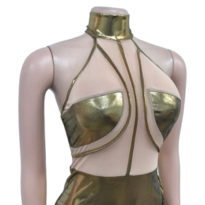 Detail of metallic gold fabric with nude mesh panels and a chic halter neck design