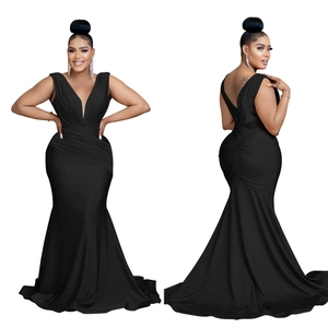 Detail of elegant black deep V-neck mermaid evening dress with crisscross waist pleats