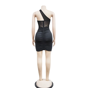 Rear view of black one-shoulder mesh dress with elegant ruched details and sequins
