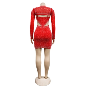 Detailed back view of red mesh dress with rhinestones and elegant hollow-out cutout design
