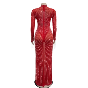 Detailed back view of red mesh dress showing zipper and crystal rhinestone patterns