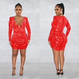 Elegant red long sleeve bodycon mini dress with rhinestones and deep V-neckline