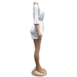 Detail view of women's white casual two-piece set with short sleeves and drawstring shorts
