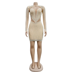 Detail view of beige mesh dress with silver rhinestones and long sleeves for women