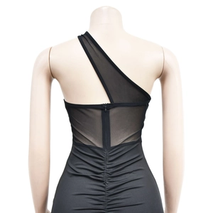 Detail view of black one-shoulder dress with mesh splicing and hidden back zipper