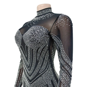 Detail of black mesh bodycon dress featuring silver rhinestones and high neck design