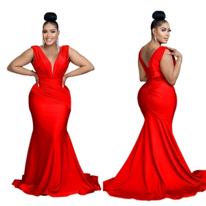 Front and back view of elegant red sleeveless V-neck fishtail evening gown with pleats