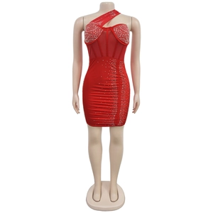 Detail of red one-shoulder mini dress featuring sparkling rhinestones and mesh patchwork