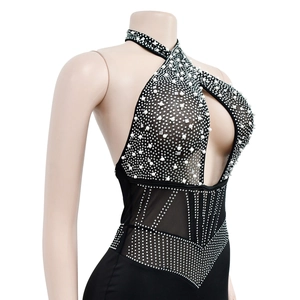 Detail of sheer mesh bodysuit with sparkling rhinestones and white pearls on halter neck