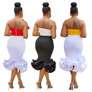 Women's two-piece tube top and fishtail skirt set with elegant bow and ruffles