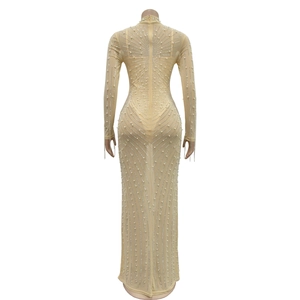 Detail of sheer mesh dress featuring intricate white pearls and radiant rhinestone patterns