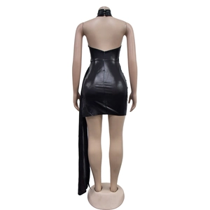 Back view of black halter neck backless mini dress with elegant side drape detail