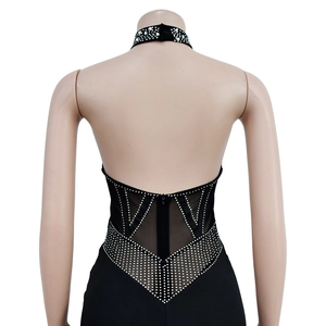 Detailed back view of sleeveless black halter romper with sheer mesh and rhinestones