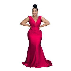 Detail of the elegant V-neck sleeveless satin evening gown with pleated waist design