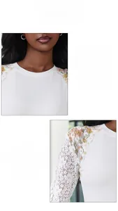 Detail of white long sleeve top with ribbed texture and floral crochet lace sleeves