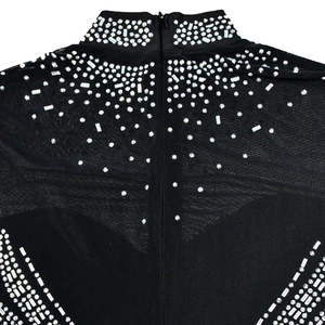 Detail of high collar black mesh dress featuring shimmering rhinestones and back zipper